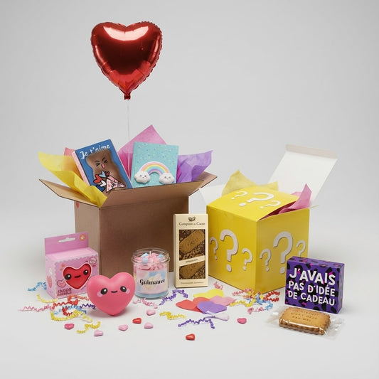 Contenu de la box cadeau amour : ballon cœur, gourmandises et petites attentions