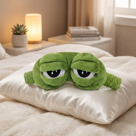 Masque grenouille posé sur oreiller dans ambiance cosy
