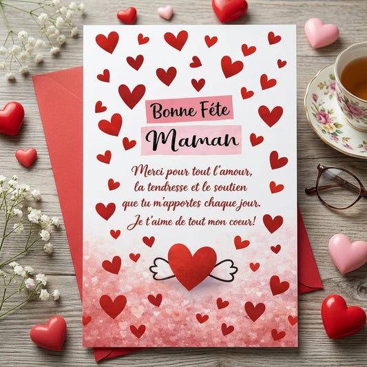 Carte vœux fête des mères aquarelle message Bonne Fête Maman et cœurs rouges