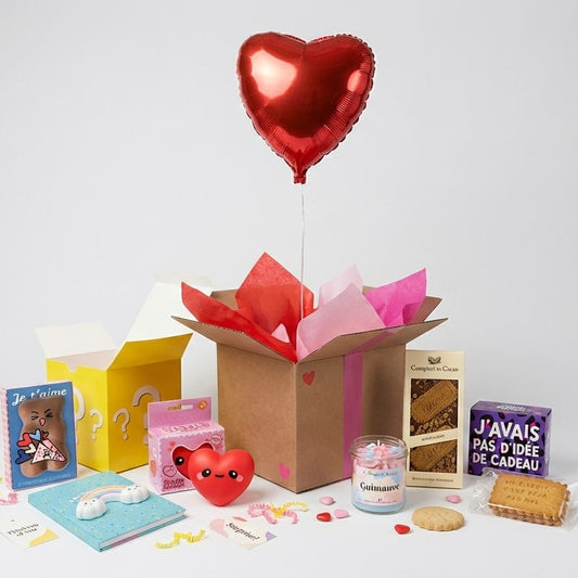 Box surprise amour avec ballon cœur rouge et cadeaux gourmands – Lune de Cœur