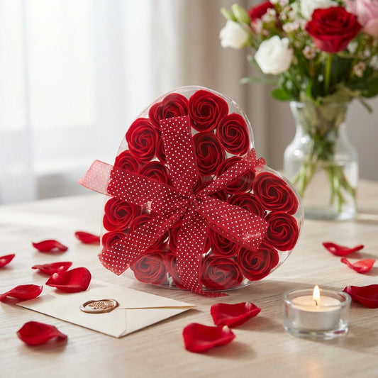 Boîte cœur 24 roses de savon rouges – cadeau prêt à offrir