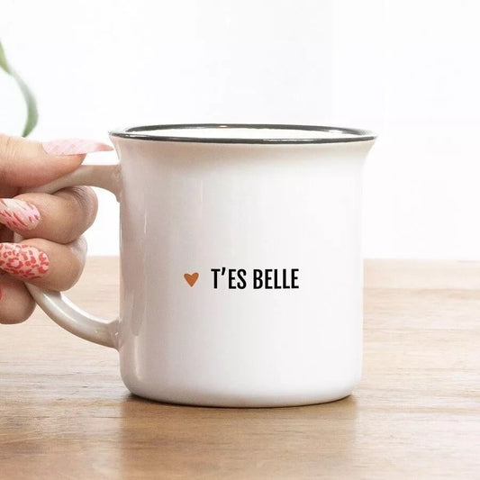 Mug en céramique blanc avec message T’es Belle et cœur, idée cadeau original imprimé en France