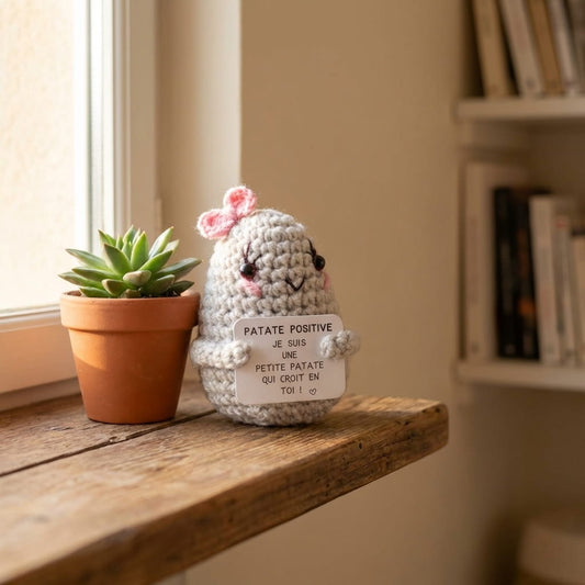 Patate Positive Rose peluche crochet détail texture - petit cadeau encouragement anniversaire