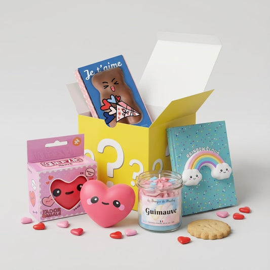 Box surprise “Je t’aime” Lune de Cœur avec carnet arc-en-ciel, bougie guimauve, anti-stress cœur et chocolats.
