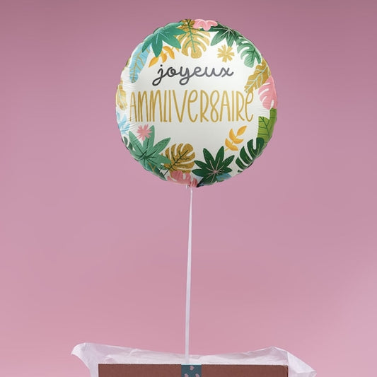 Ballon hélium anniversaire tropical dans box surprise Lune des Cœur