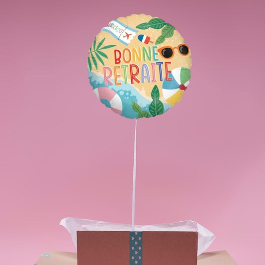 Détail du ballon “Bonne Retraite” gonflé à l’hélium, cadeau surprise pour fêter un départ en retraite.