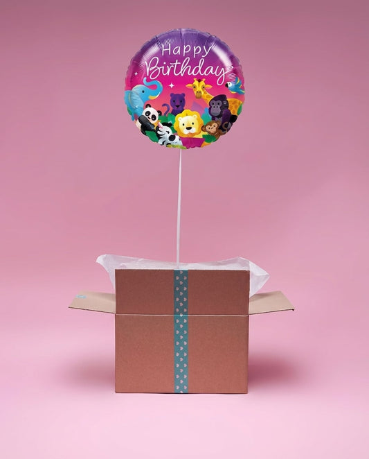 ballon Happy Birthday violet décoré d’animaux de la jungle (lion, singe, panda), cadeau anniversaire original en box.