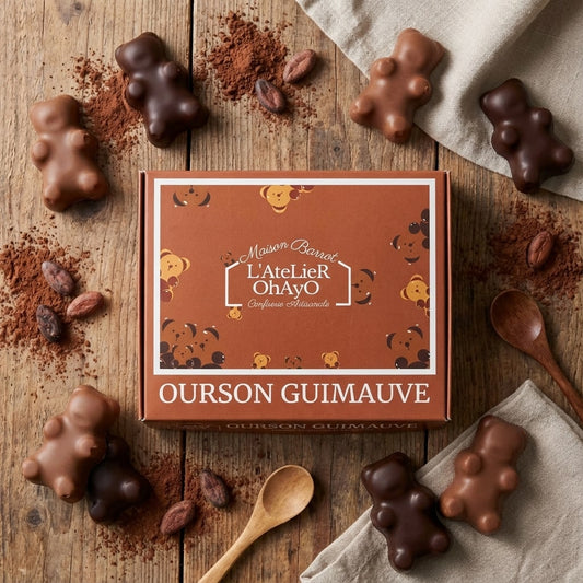 Boîte d’oursons en guimauve artisanale enrobés de chocolat noir et chocolat au lait, coffret gourmand fabrication française