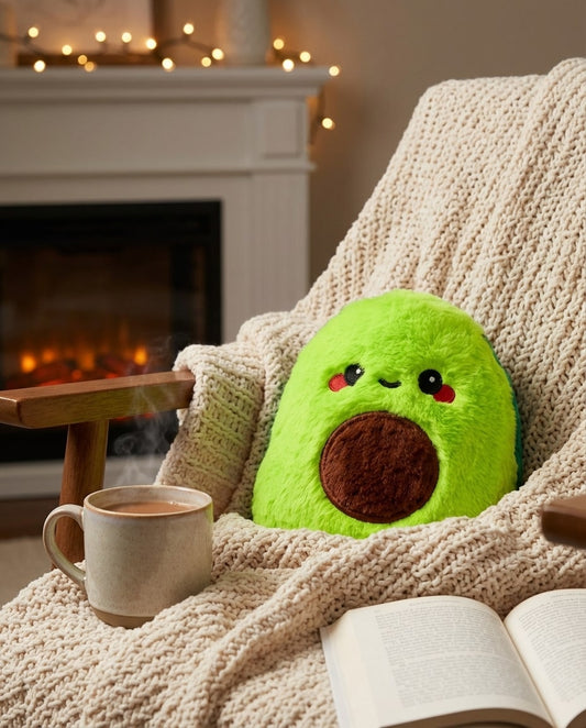 Bouillotte peluche avocat utilisée sur un canapé, ambiance cocooning