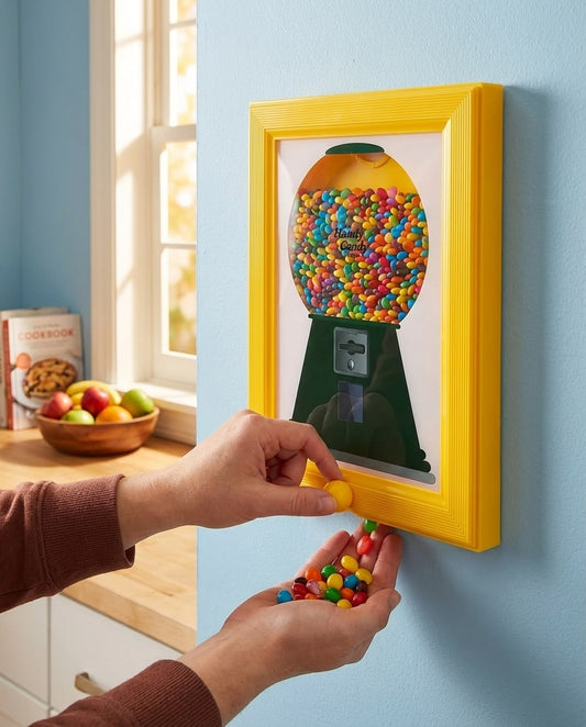 Détail du distributeur de bonbons intégré dans un cadre mural