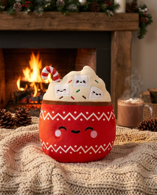 Peluche chocolat chaud XXL devant une cheminée allumée avec ambiance chaude