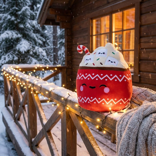 Peluche chocolat chaud XXL posée dehors sur une rambarde décorée en hiver