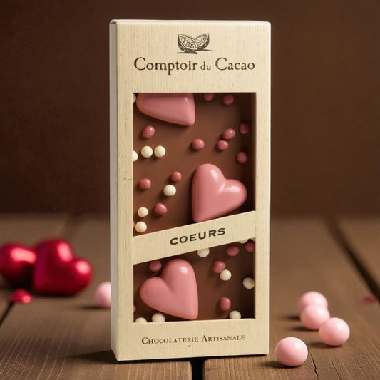 Tablette de chocolat au lait décorée de cœurs roses – Comptoir du Cacao