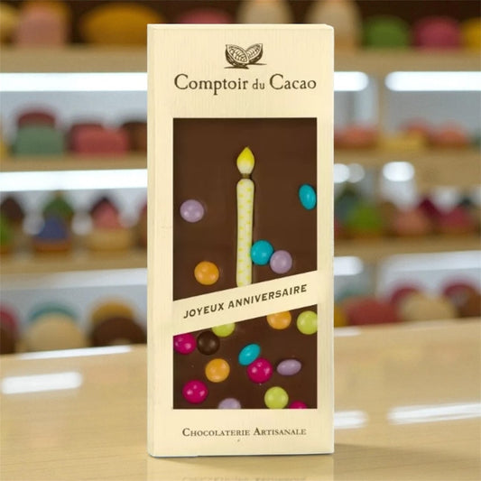 Tablette de chocolat au lait “Joyeux Anniversaire” décorée de motifs colorés – Comptoir du Cacao
