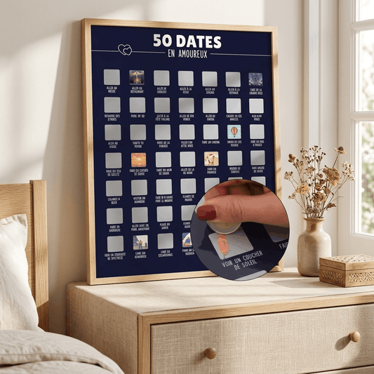 Affiche à gratter 50 dates en amoureux bleu marine, cadeau couple original