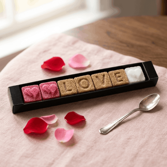 Réglette de 7 sucres message Love avec cœurs rouges, faits main en France