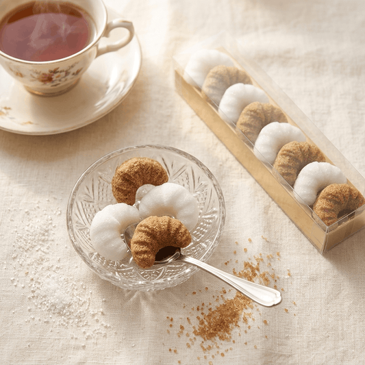 Boîte de 8 sucres en forme de croissant blancs et roux, faits main en France