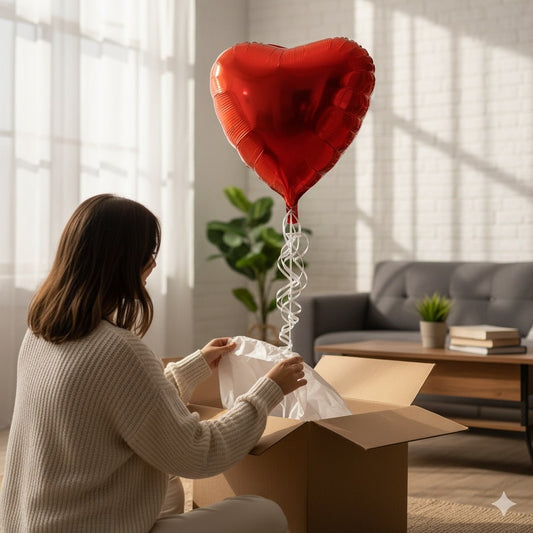 Box ballon personnalisée Lune de Cœur ouverte avec ballon rouge en forme de cœur et message personnalisé