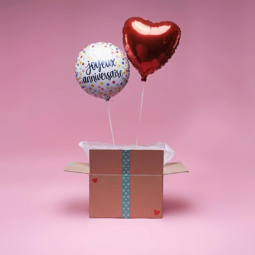 Box ballon anniversaire hélium "Joyeux anniversaire" et ballon cœur rouge - Lune De Coeur