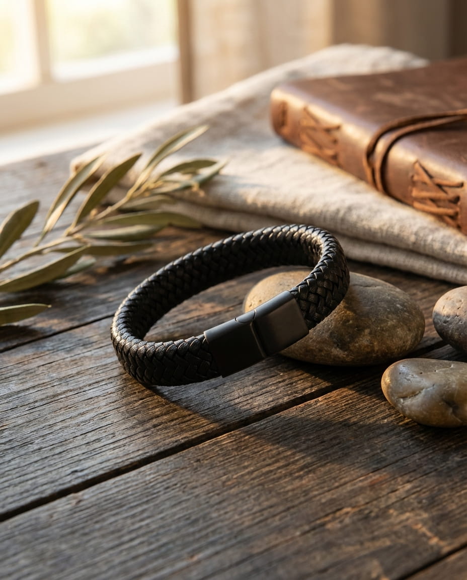 Bracelet Homme Cuir Noir Tressé – Style Rétro & Élégance Moderne - Lune de cœur 