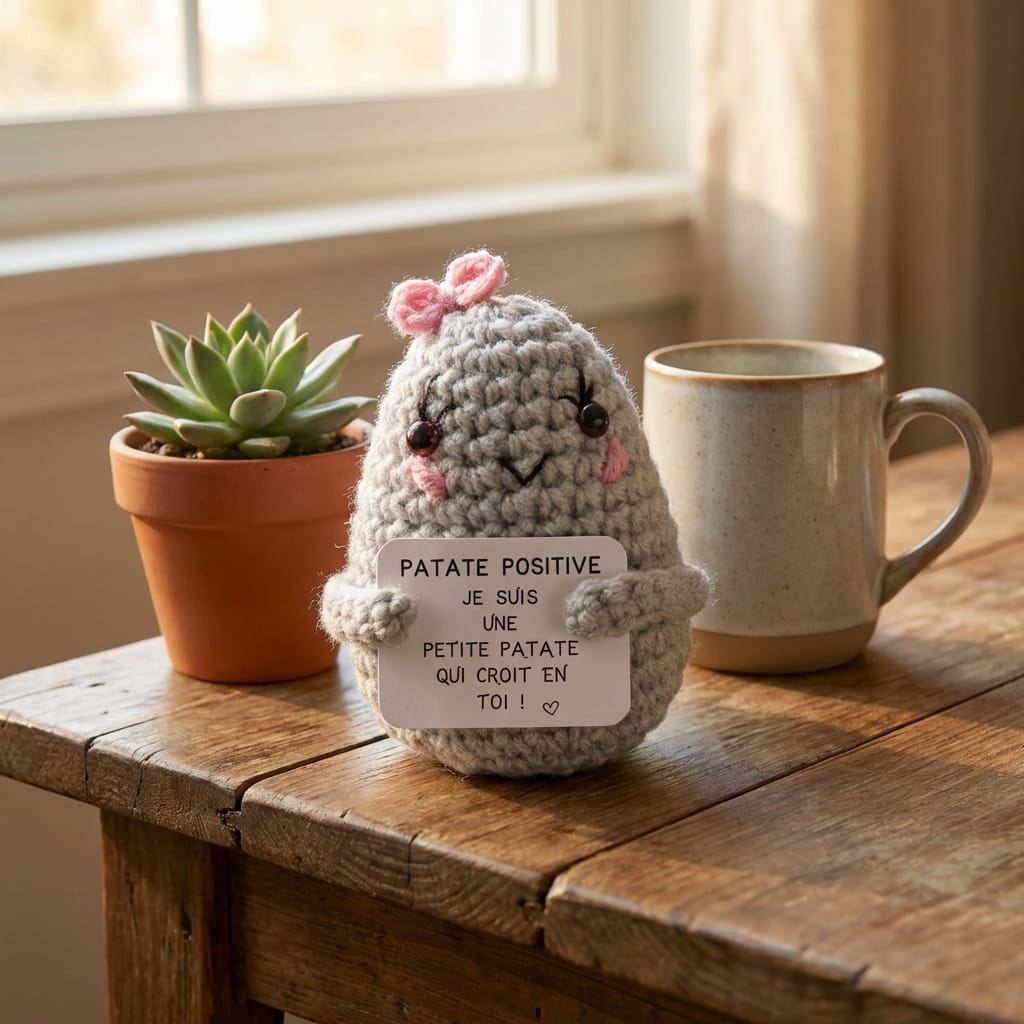 Patate Positive Rose au crochet tenant un message d'encouragement - porte-bonheur cadeau original
