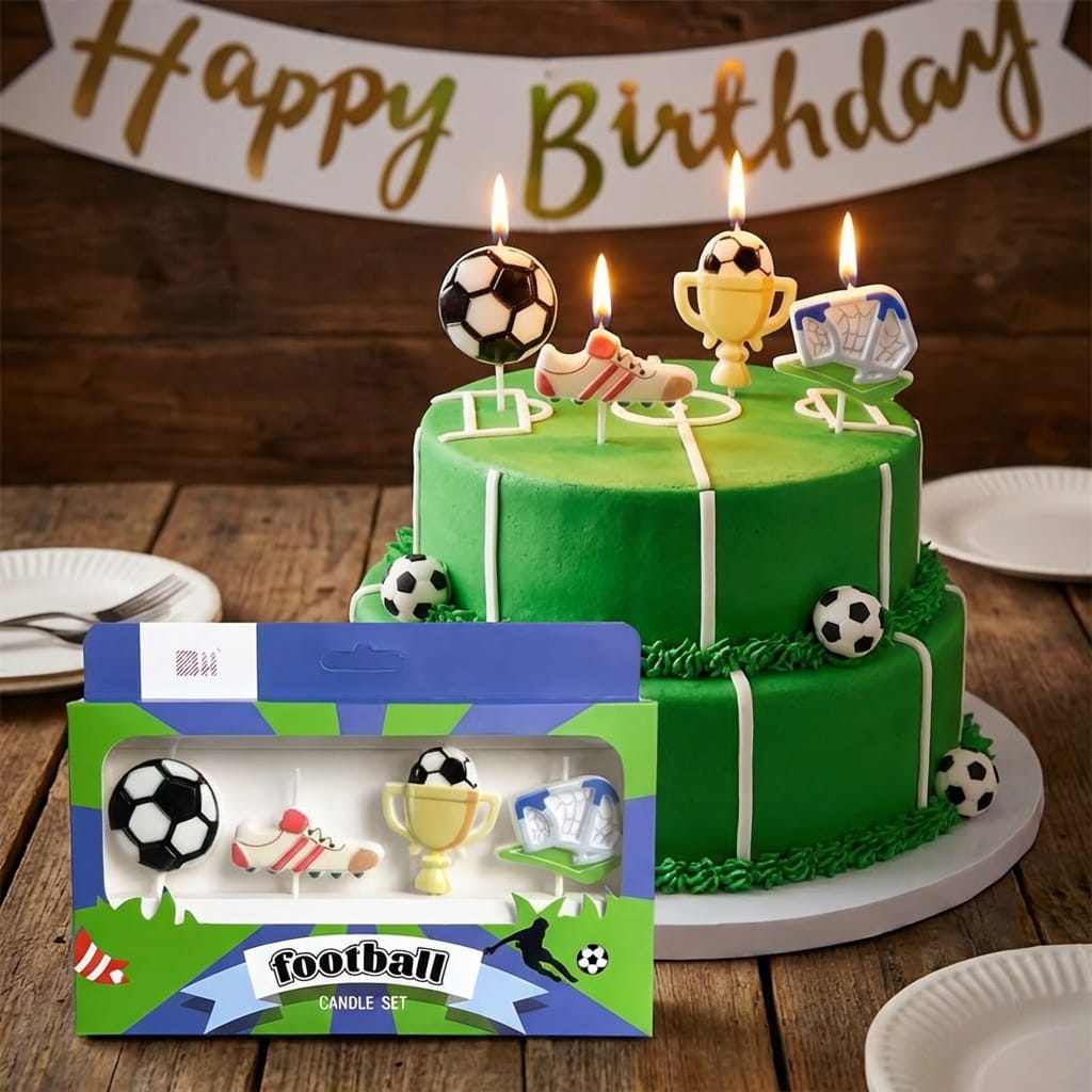 Set de 4 bougies football avec ballon, chaussure, trophée et but dans une boîte verte et bleue