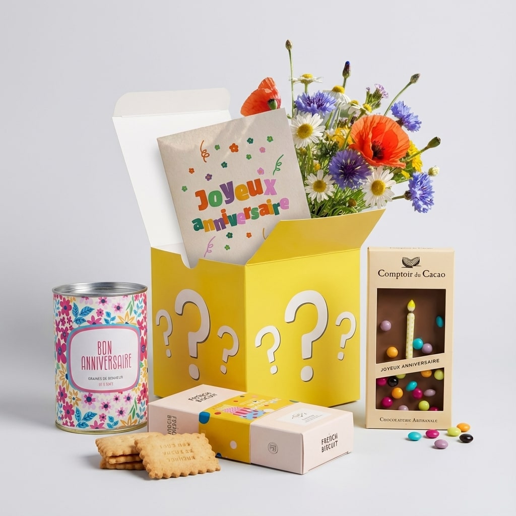 Box anniversaire surprise Lune de Cœur avec carte joyeux anniversaire, tablette chocolat et gourmandises