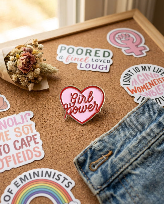 Broche Girl Power attachée à une veste en jean, accessoire mode et affirmé