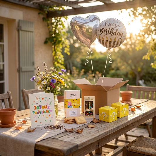 Box cadeau anniversaire jaune avec ballon cœur argent et ballon happy birthday