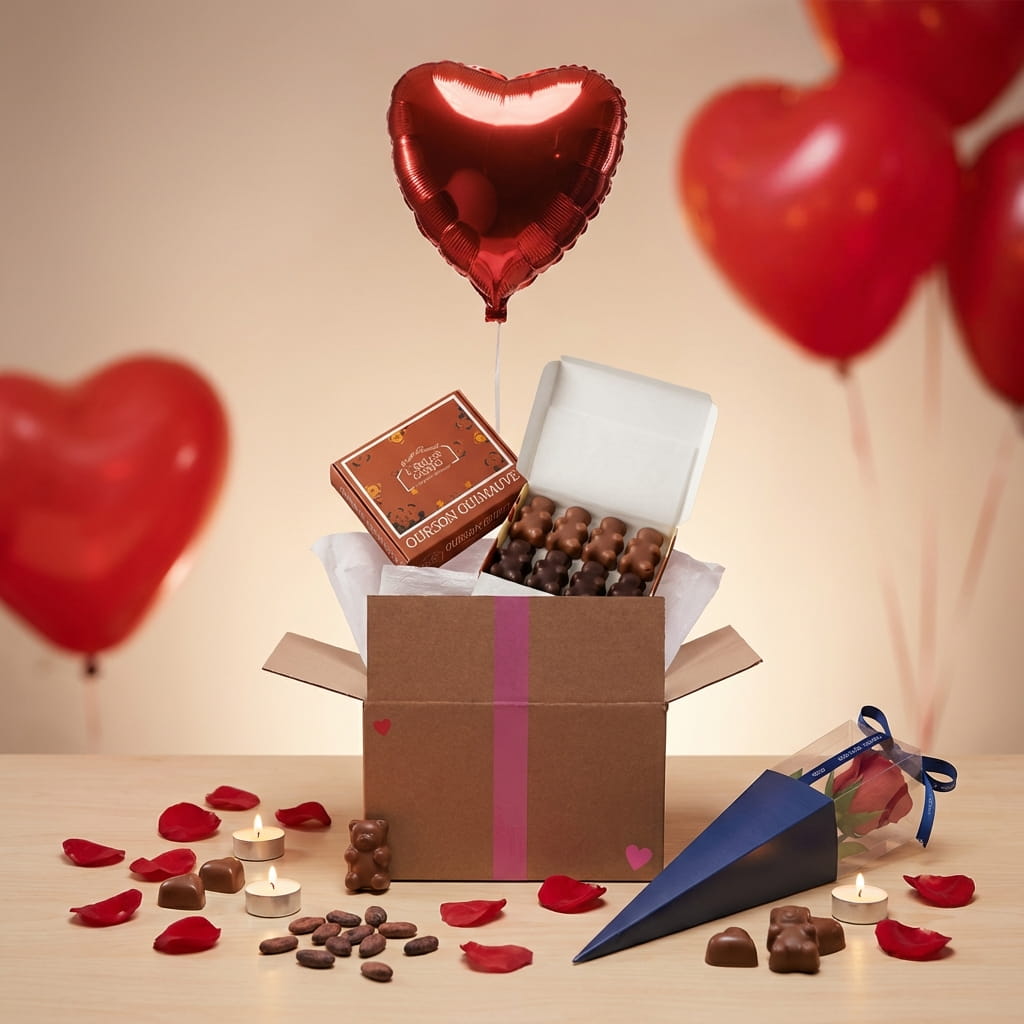 Box ballon cœur rouge avec rose parfumée et coffret gourmand, cadeau surprise prêt à offrir