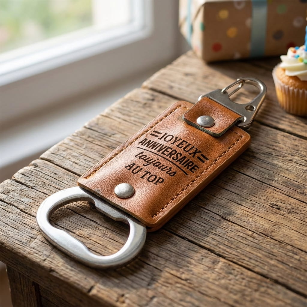 decapsuleur porte cles cuir joyeux anniversaire
