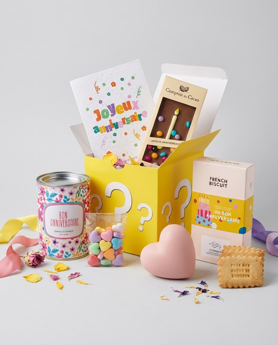 Coffret cadeau anniversaire ouvert avec boîte surprise jaune, chocolats et biscuits