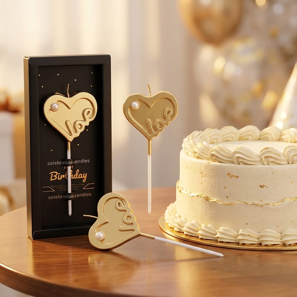 Bougie cœur doré love plantée sur un gâteau d'anniversaire 