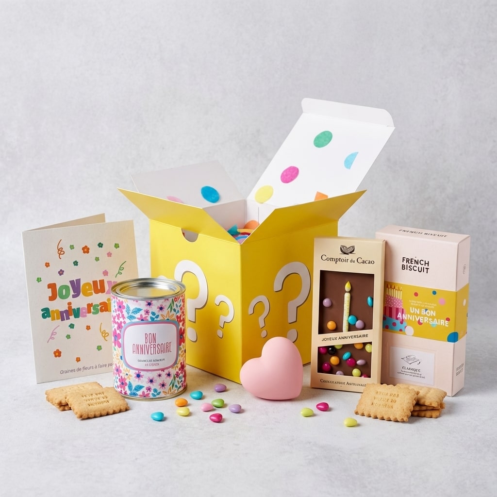 Box cadeau anniversaire originale avec boîte surprise, cœur anti-stress et douceurs colorées