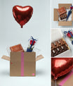 Box ballon cœur rouge avec rose parfumée et coffret gourmand, cadeau surprise prêt à offrir