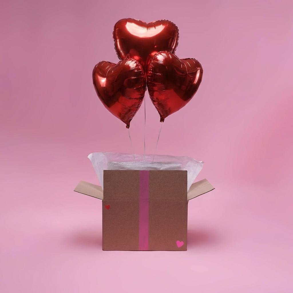 Trois ballons cœur rouges gonflés à l’hélium sortant d’une box cadeau sur fond rose.