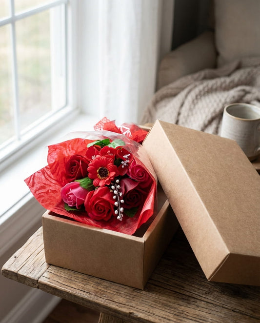 Bouquet de savon rouge avec boîte cadeau – prêt à offrir