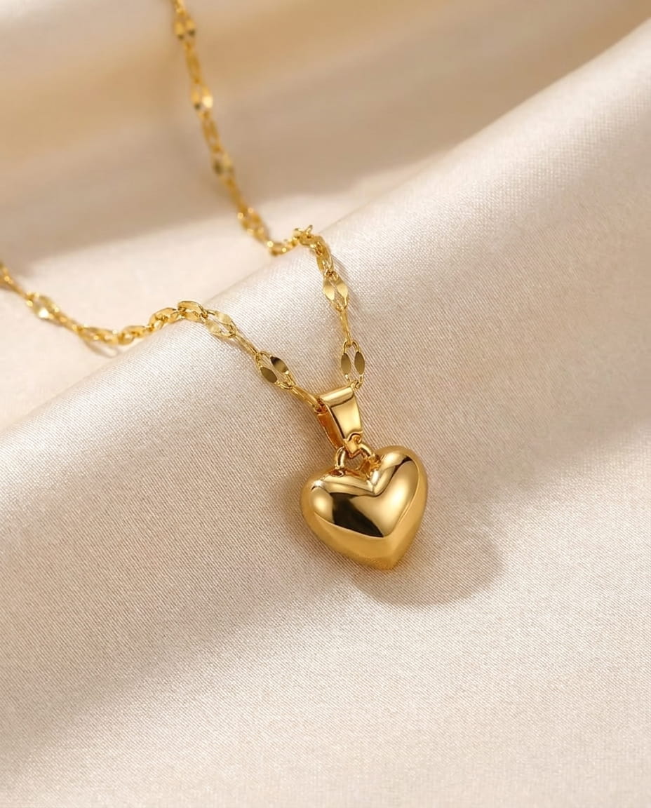 Collier doré pendentif cœur bombé avec chaîne maille miroir, dans coffret cadeau rouge — bijou élégant Lune de Cœur