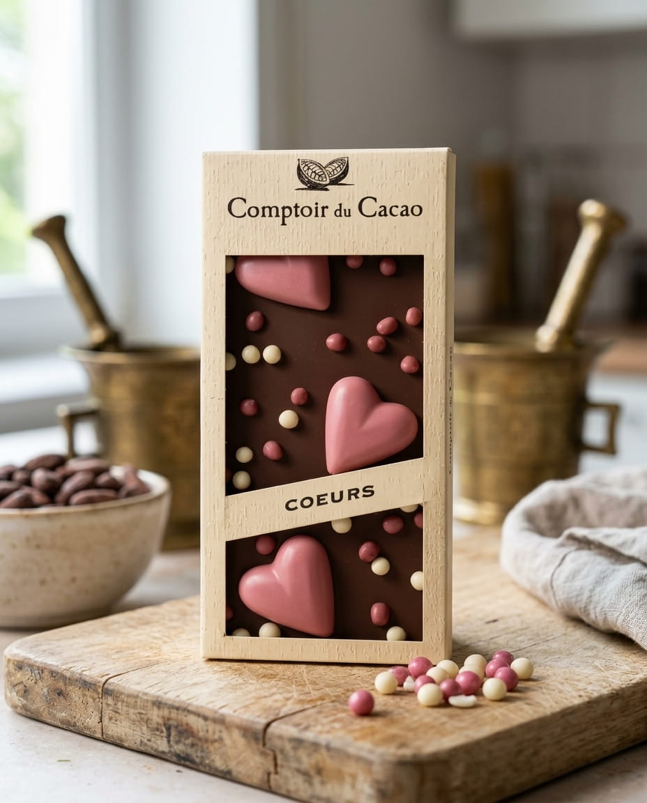 Tablette de chocolat au lait avec cœurs roses – Comptoir du Cacao – 90 g