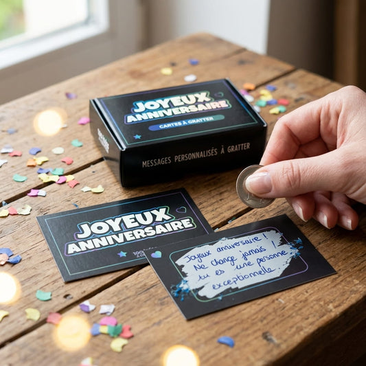 Carte à gratter Joyeux Anniversaire noire et néon avec message caché à offrir