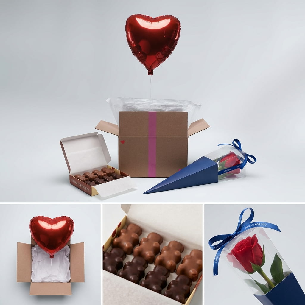 Envoyer un ballon cœur rouge avec rose et gourmandises, box cadeau surprise livraison à domicile