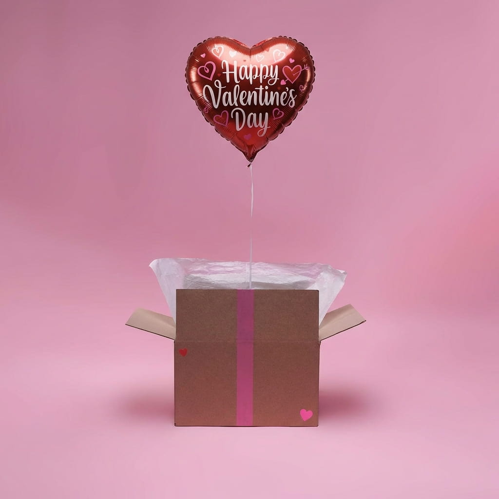 Coffret cadeau surprise Saint-Valentin avec ballon cœur, message et gourmandises