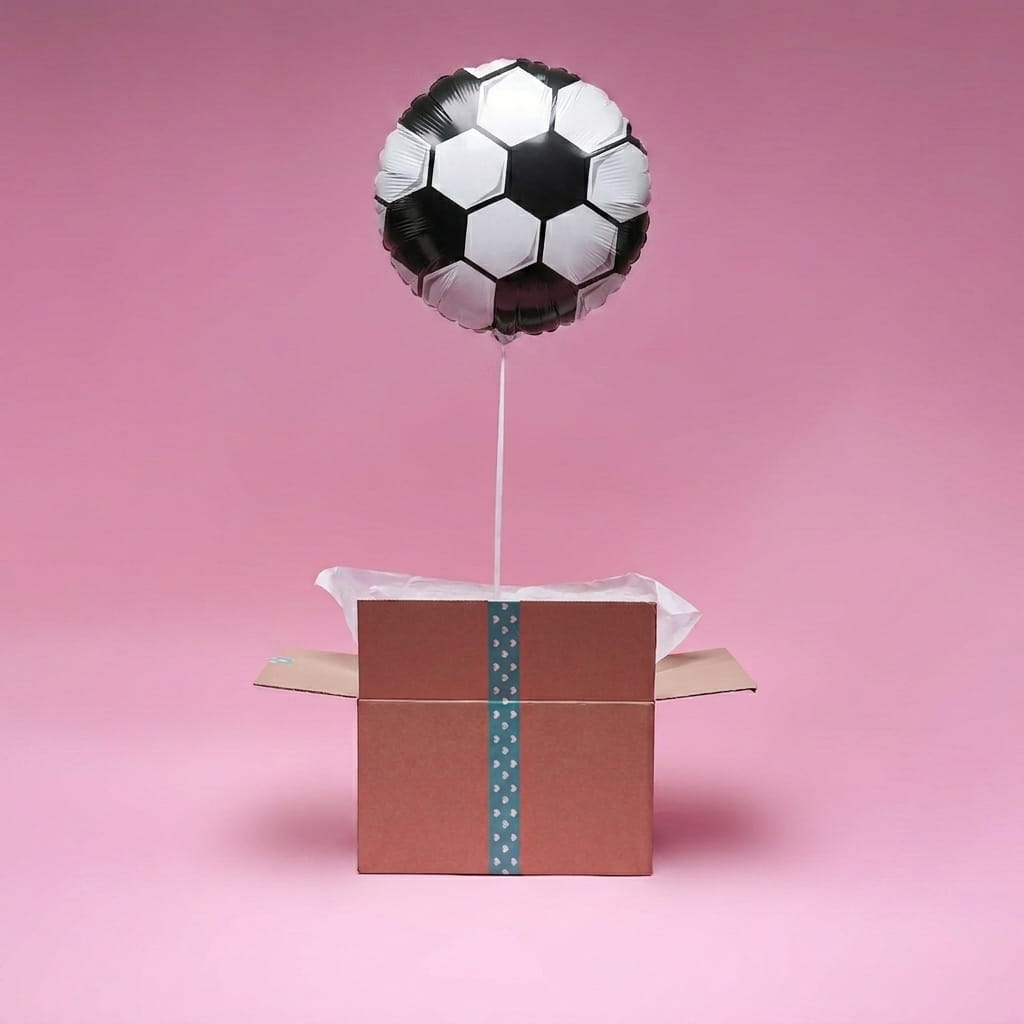 Ballon foot hélium livré dans une box surprise avec message personnalisé