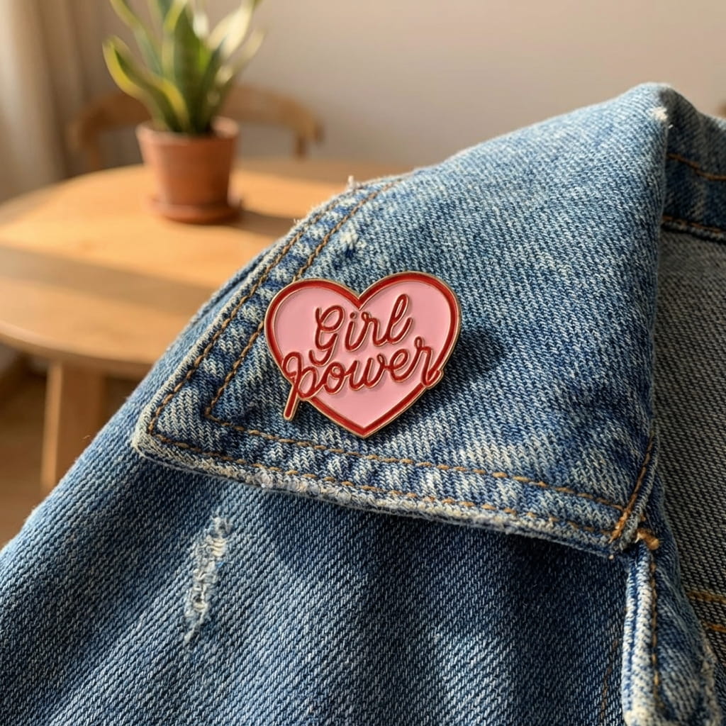 Broche Girl Power en forme de cœur rose et rouge, style tendance et féministe