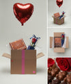  Cadeau surprise avec ballon cœur rouge, rose élégante et chocolats artisanaux