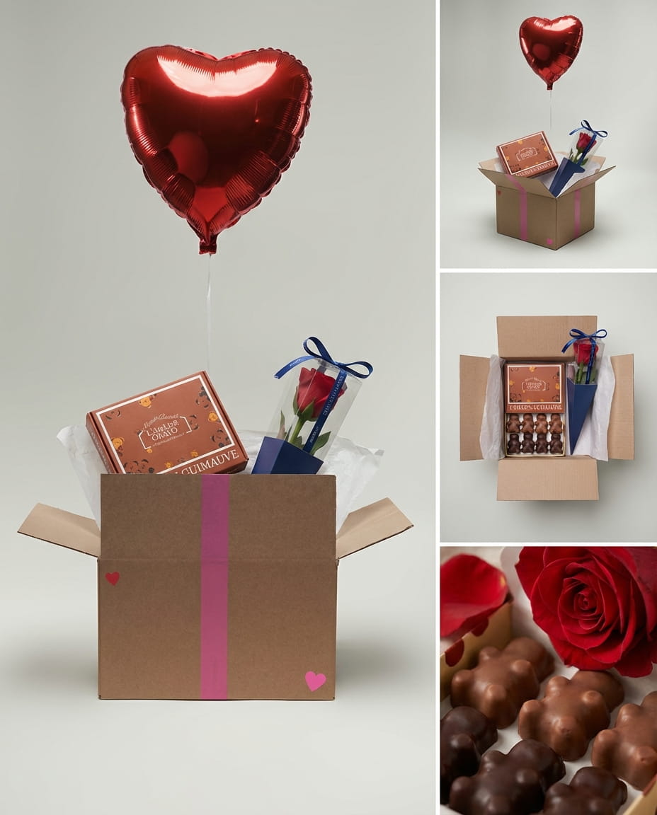  Cadeau surprise avec ballon cœur rouge, rose élégante et chocolats artisanaux