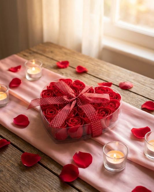 Roses de savon rouges en boîte cœur