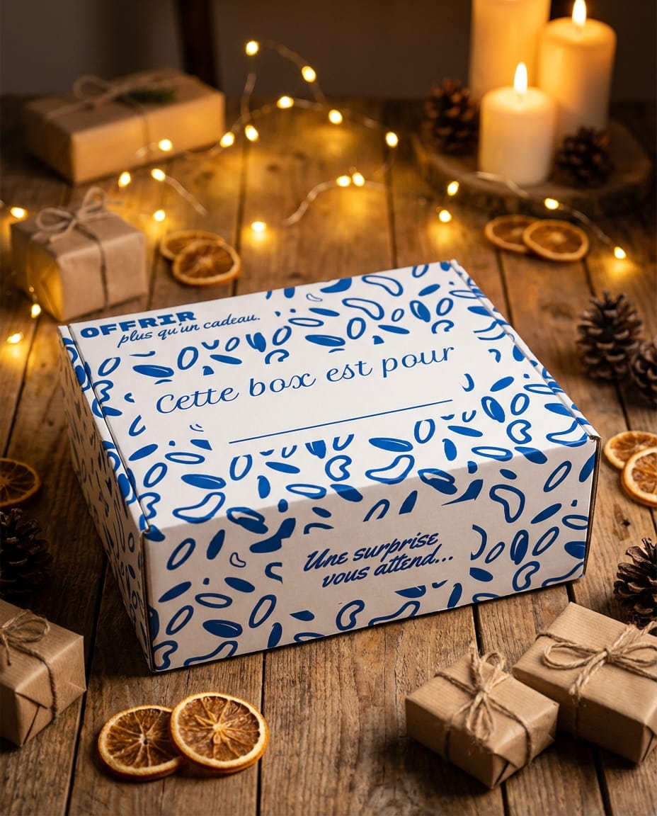 Box cadeau personnalisée garnie de surprises et frisures blanches