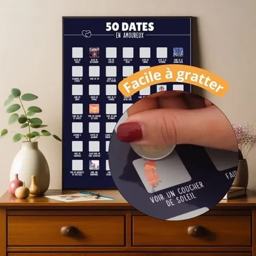 Illustration colorée révélée sous une case grattée de l'affiche 50 dates