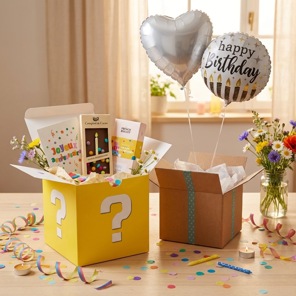 Coffret anniversaire prêt à offrir avec chocolats biscuits et graines bon anniversaire